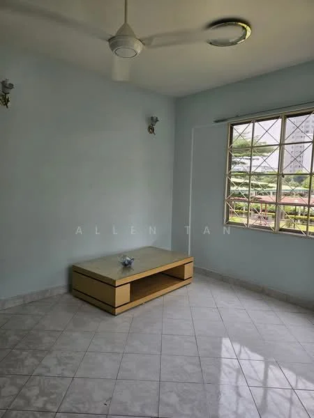 Room features: light blue painted walls, white ceiling, ceiling fan, tile flooring, large window with grid pattern, window view of greenery, wooden coffee table, two wall sconces; view: garden.