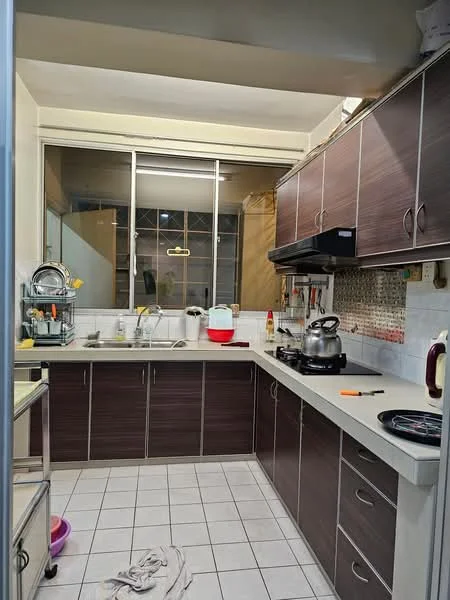 Kitchen features: brown wooden cabinetry, white countertop, stainless-steel sink, chrome pull-down faucet, built-in gas stove, exhaust hood, tile backsplash, ceramic tile flooring, window with grid pattern, kettle, cooking pot, dish rack, open shelving, wall-mounted storage, floor-to-ceiling window; style: modern.