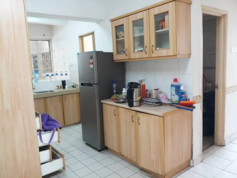Kitchen features: stainless-steel fridge, wood cabinetry with light finish, laminate countertop, white tile backsplash, double-basin sink, chrome faucet, built-in oven, ceramic tile flooring, window with grid pattern, open shelving, kettle, cutting board, various kitchen utensils; style: modern.