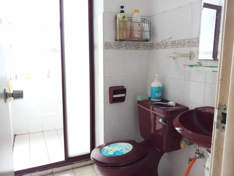 Bathroom features: white tiled walls, white tiled flooring, maroon toilet, maroon sink, shower cubicle with glass door, mirror above sink, soap dispenser, toiletries storage basket, toilet paper holder.