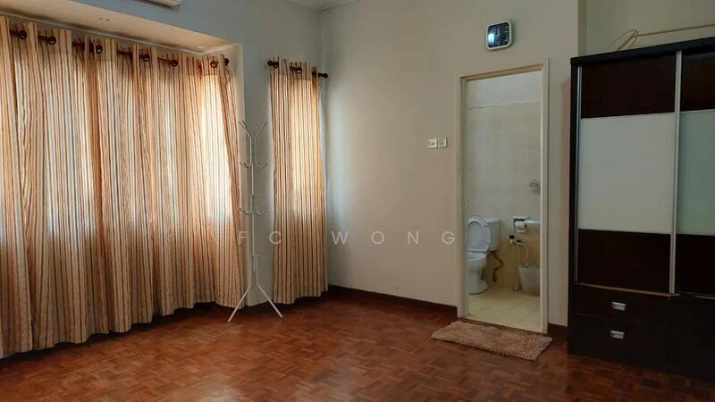 Room features: wooden flooring, cream painted walls, curtains with vertical stripes, wall-mounted air conditioning unit, door leading to bathroom, coat rack, built-in wardrobe with sliding doors, light fixture on ceiling.