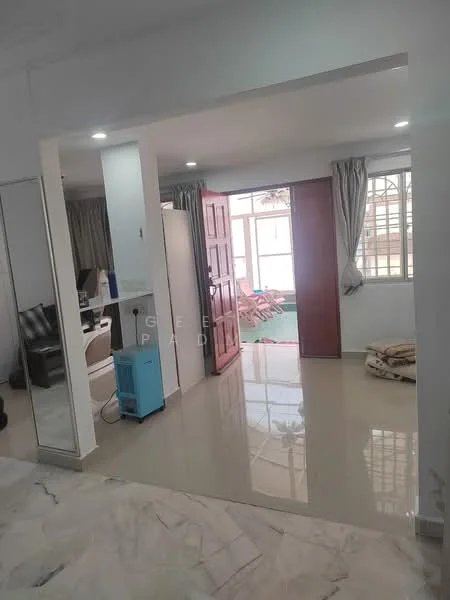 Room features: glossy tile flooring, white painted walls, recessed downlights, double wooden doors, large windows with curtains, mirrored wall, open layout, visible living area, furniture in background; style: modern.