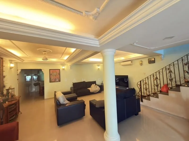 Living features: cream painted walls, tray ceiling, recessed downlights, 5-blade ceiling fan, 2 black leather sofas, 1 armchair, coffee table, TV console, wall-mounted TV, decorative wall art, marble flooring, staircase with wrought iron railing, potted plant, area rug; style: modern.