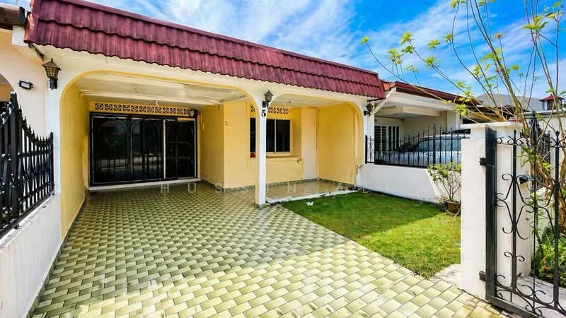 Exterior type: linked terrace house; features: yellow painted facade, red pitched tile roof, manicured lawn, paved driveway, black wrought iron gate, covered porch area, decorative wall lights, landscaped garden, fence surrounding property; style: modern.
