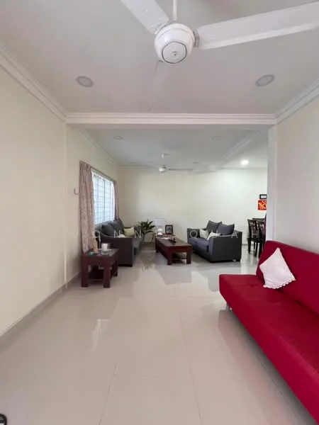 Living features: red fabric sofa, 3-seater grey fabric sofa, wooden coffee table, decorative plant in pot, ceiling fan with light, recessed downlights, cream painted walls, glossy tile flooring, curtains on windows, dining table visible in background; style: modern.
