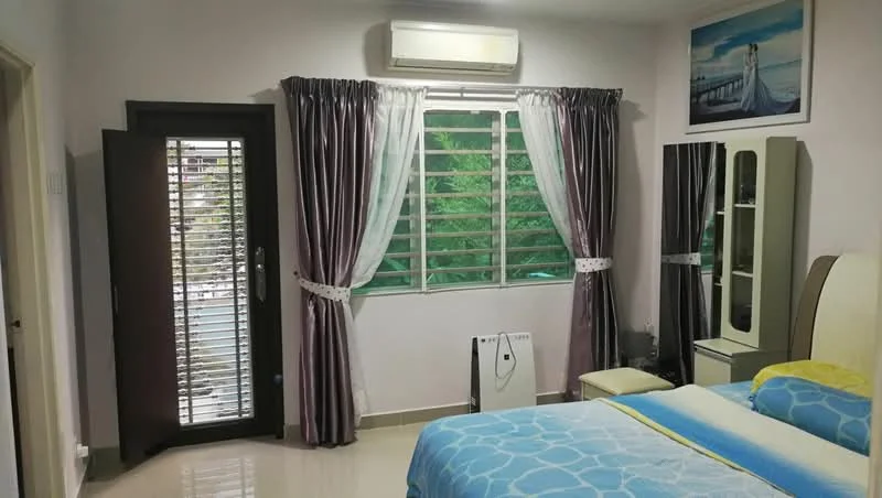 Bedroom features: queen-size bed with blue and yellow bedding, upholstered headboard, 2 bedside lamps, built-in wardrobe with glass doors, window with horizontal slats, curtains in grey and white, air conditioning unit on the wall, polished tile flooring, decorative wall art, sliding glass door leading to outdoor space; style: modern; view: garden.