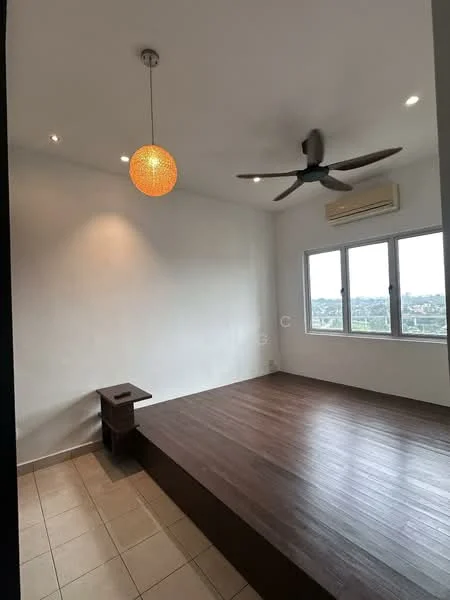 Bedroom features: wooden flooring, white painted walls, 5-blade ceiling fan with light, pendant light, floor-to-ceiling windows, window with city view, built-in air conditioning unit, raised platform area; style: modern; view: city.