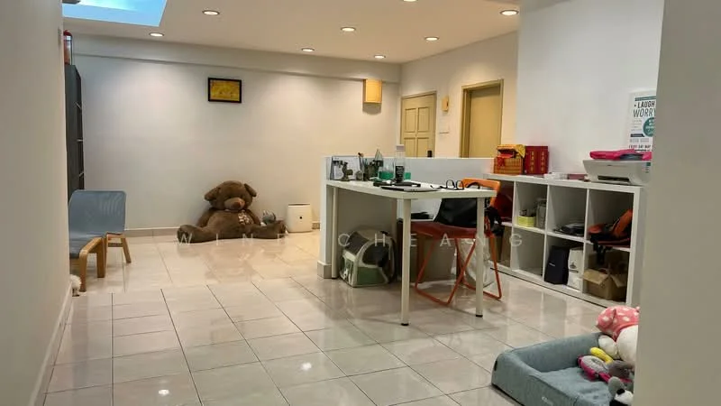 Room features: white painted walls, glossy tile flooring, recessed downlights, skylight, open shelving, desk with chair, large teddy bear, small blue chair, storage cabinets, decorative wall art, pet bed; style: modern.