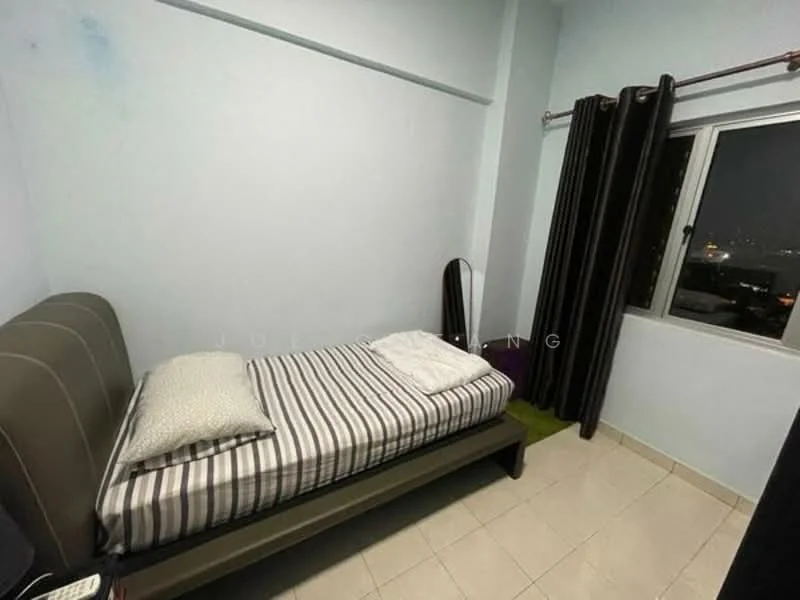 Bedroom features: single bed with grey upholstered headboard, striped bed linens, green area rug, floor-to-ceiling window, blackout curtains, mirror, light-colored painted walls, tile flooring; view: city.