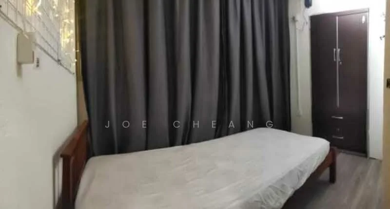 Bedroom features: wooden bed frame, mattress on bed, grey curtains, built-in wardrobe with sliding doors, laminate flooring, wall-mounted light fixture, neutral wall color, decorative wall paneling; style: modern.