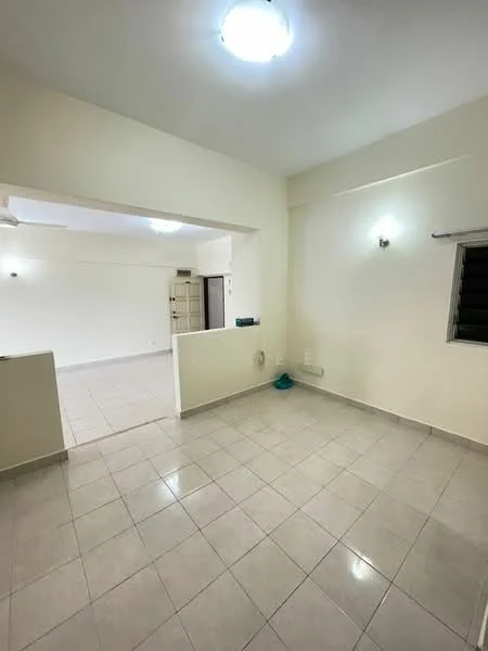 Room features: white painted walls, tile flooring, recessed ceiling lights, window with security bars, open layout, neutral color scheme, corner space, no visible furniture; style: modern.