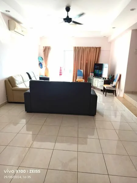 Living features: cream painted walls, white ceiling, floor-to-ceiling windows, sliding glass door, curtains in beige, 3-seater fabric sofa in grey, 2-seater fabric sofa in beige, coffee table, TV console, wall-mounted TV, ceramic tile flooring, ceiling fan; style: modern.