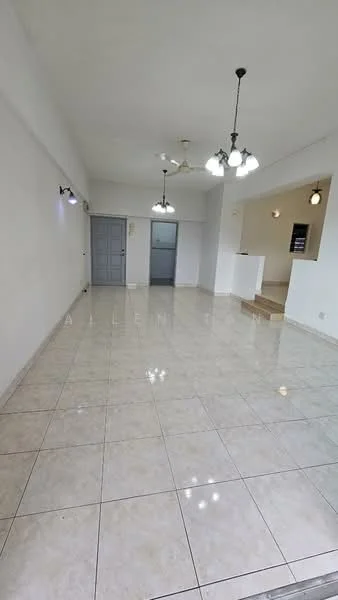 Living features: white painted walls, glossy marble tile flooring, 5-blade ceiling fan, 3 pendant lights, 2 wall-mounted lights, open layout, large windows, neutral color scheme; style: modern.