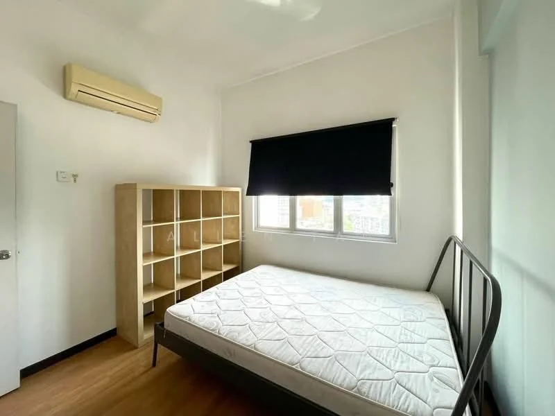 Bedroom features: single bed frame, mattress, built-in wardrobe with open shelving, floor-to-ceiling window, blackout roller blinds, wall-mounted split AC, wooden flooring, white painted walls, ceiling fan; style: modern.