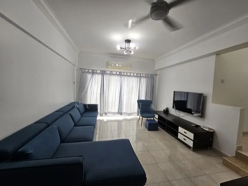 Living features: L-shape sectional sofa in blue, ceiling fan with light, wall-mounted TV, TV console in black and white, large windows with sheer curtains, cream tiled flooring, white painted walls, air conditioning unit, decorative light fixture; style: modern.
