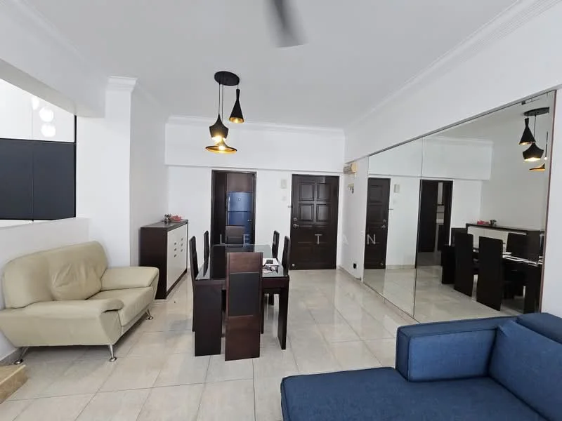 Living features: cream leather sofa, blue fabric sofa, 4-seater dining table, dark wood dining chairs, mirrored wall, pendant lighting, ceiling fan, light-colored tiled flooring, white painted walls, dark wood cabinet, door to hallway; style: modern.