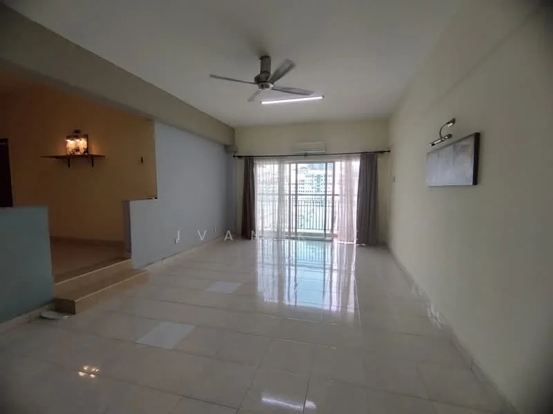 Living features: large floor-to-ceiling windows, sliding glass door, grey walls, white ceiling, 5-blade ceiling fan with light, marble tile flooring, curtains, balcony access, open layout, natural light; style: modern; view: city.
