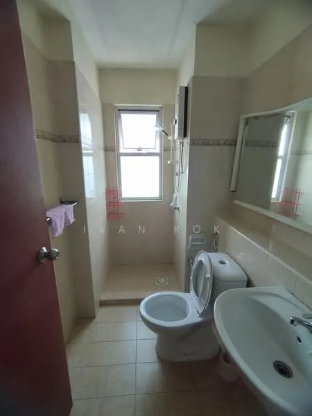 Bathroom features: white tiled walls, cream tiled flooring, shower area with glass partition, toilet, bidet, single-sink vanity, framed mirror, window for natural light, towel rack, shower head, wall-mounted faucet; style: modern.