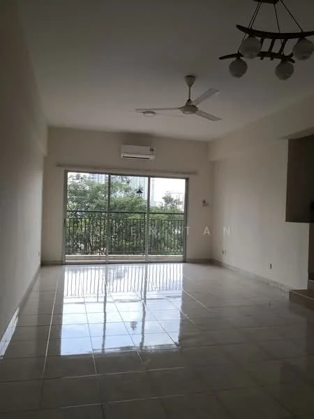 Living features: white painted walls, glossy ceramic tile flooring, 5-blade ceiling fan with light, sliding glass door, floor-to-ceiling windows, air conditioning unit, balcony view of greenery, neutral color scheme; style: modern; view: garden.