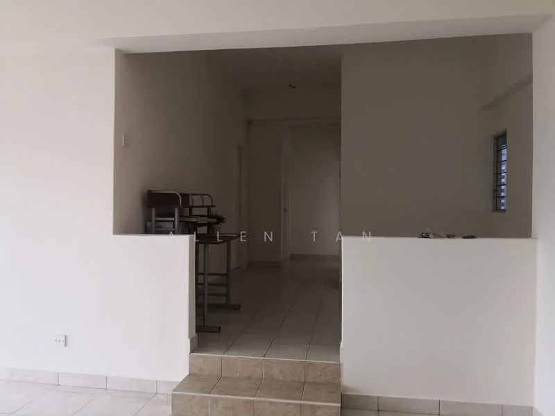 Room features: white painted walls, tile flooring, open layout, doorway leading to another room, window with security bars, light fixture on ceiling, built-in shelving unit, neutral color scheme; style: modern.