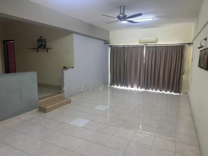 Living features: ceramic tile flooring, white painted walls, ceiling fan, sliding glass door, curtains, air conditioning unit, wall-mounted shelf, staircase leading to another level; style: modern.