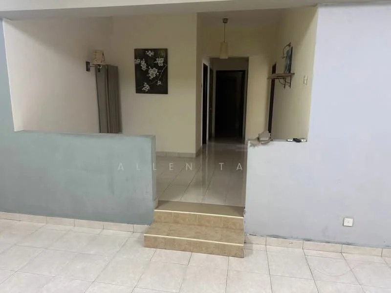 Room features: grey painted walls, white tiled flooring, staircase with beige steps, wall-mounted artwork, doorway leading to hallway, open layout, suspended ceiling with light fixture; style: modern.