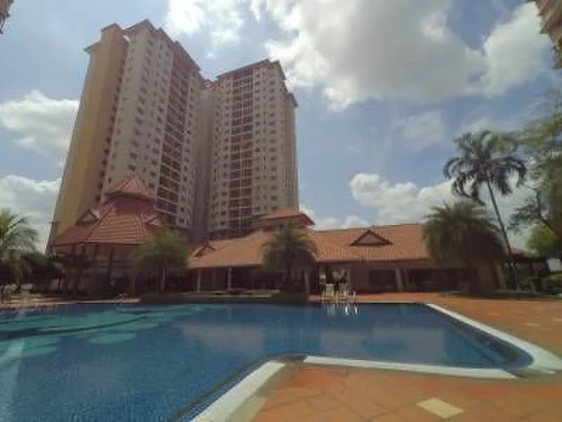 Exterior type: high-rise condominium; features: swimming pool, pool deck with loungers, landscaped garden, palm trees, two high-rise buildings, terracotta roof, manicured lawn, outdoor dining area, surrounded by greenery; style: modern.