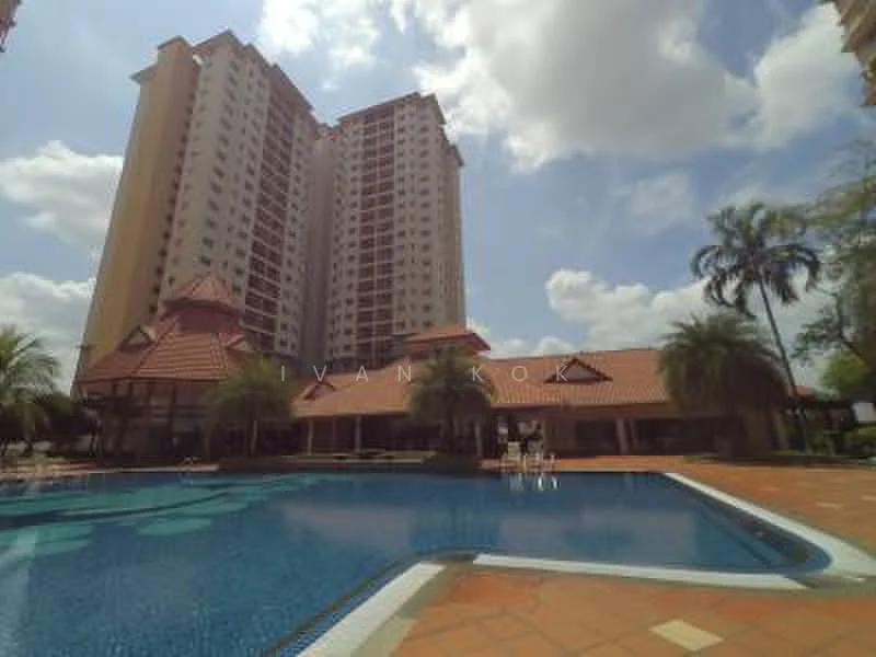 Exterior type: high-rise condominium; features: swimming pool, pool deck with loungers, landscaped garden, palm trees, manicured lawn, two high-rise buildings, terracotta roof, outdoor seating area; style: modern.