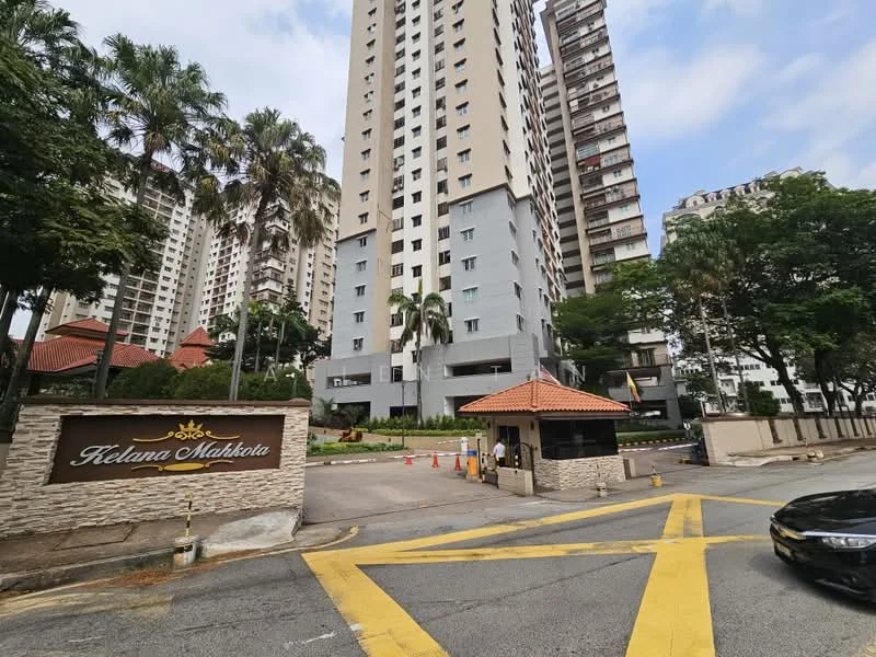 Exterior type: high-rise condominium; features: guard house at entrance, gated entry, landscaped garden, paved driveway, multiple-storey building, surrounded by mature greenery; style: modern.
