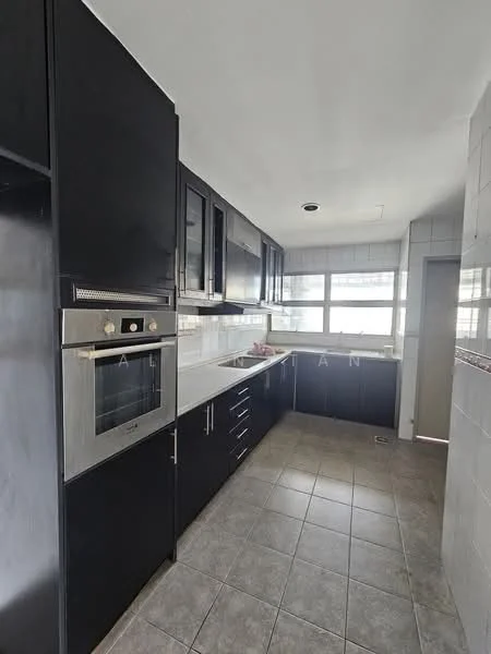 Kitchen features: black cabinetry, stainless-steel built-in oven, white countertop, grey ceramic tile flooring, double-basin stainless-steel sink, chrome pull-down faucet, window with sheer curtains, tile backsplash, recessed lighting, kitchen island, drawer storage, upper cabinets with glass fronts; style: modern.