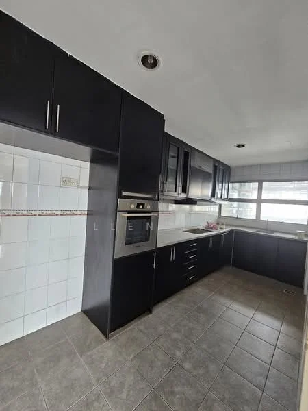 Kitchen features: black cabinetry, white tiled backsplash, grey countertop, built-in oven, stainless-steel microwave, double-bowl stainless-steel sink, chrome faucet, ceramic tile flooring, large window for natural light, under-cabinet lighting; style: modern.