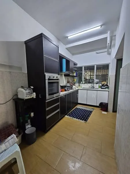 Kitchen features: dark wood cabinetry, stainless-steel built-in oven, stainless-steel range hood, white countertop, single-bowl stainless-steel sink, chrome pull-down faucet, ceramic tile flooring, recessed ceiling lights, window with grid pattern, kitchen appliances including rice cooker and microwave, blue area rug, wall-mounted split AC; style: modern.