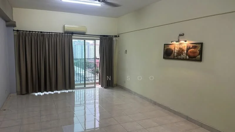 Living features: white painted walls, glossy tile flooring, sliding glass door, floor-to-ceiling curtains, ceiling fan, wall-mounted light fixture, balcony view, decorative artwork; view: city.
