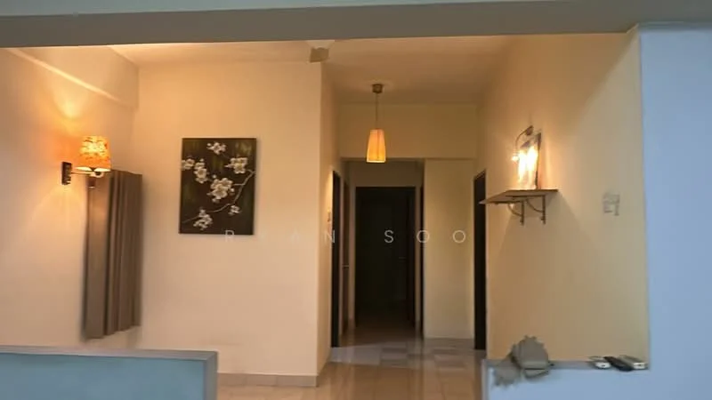 Room features: cream painted walls, tile flooring, recessed downlights, pendant light, framed artwork, wall-mounted sconce, open shelving, doorway leading to other rooms; style: modern.