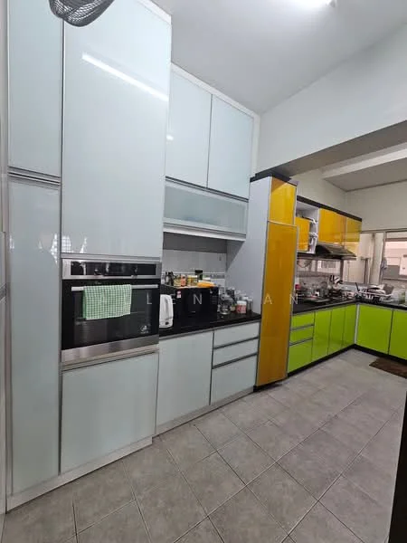 Kitchen features: light blue high-gloss cabinetry, yellow cabinetry, green cabinetry, black countertop, built-in oven, stainless-steel kettle, microwave, sink, ceramic tile flooring, wall-mounted shelves, window with natural light, recessed ceiling lights; style: modern.