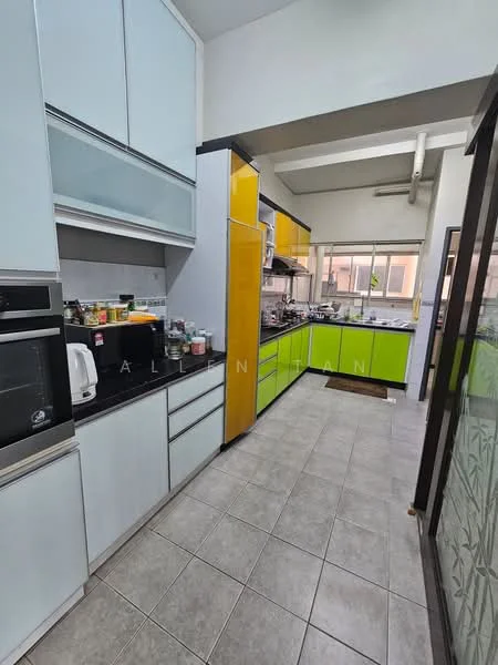 Kitchen features: light blue cabinetry, yellow cabinetry, black countertop, stainless-steel sink, built-in oven, microwave, kettle, various kitchen appliances, tile flooring, window with natural light, open layout, wall-mounted shelves; style: modern.