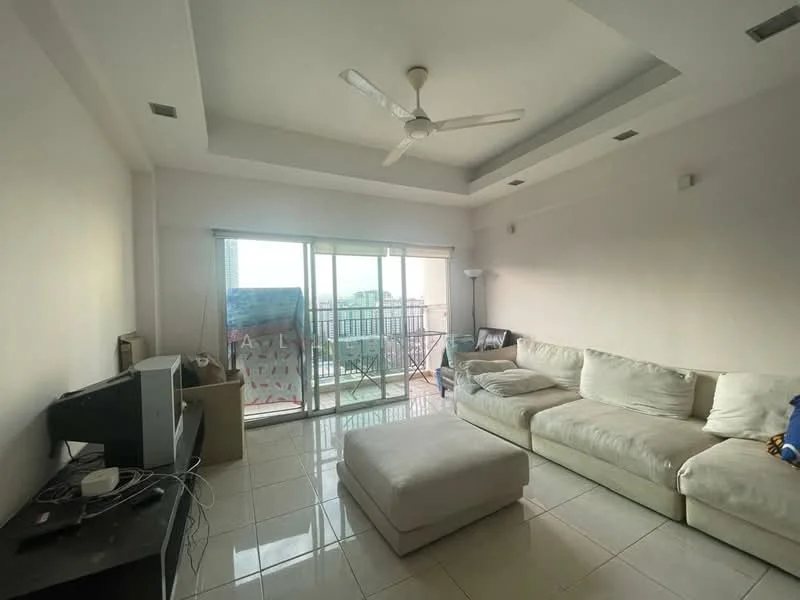 Living features: white painted walls, tray ceiling, floor-to-ceiling windows, sliding glass door, cream tiled flooring, 5-blade ceiling fan, large sectional sofa in beige, coffee table, TV console, lamp, balcony view; style: modern; view: city.