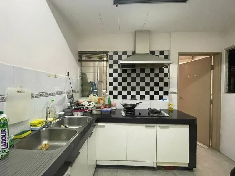 Kitchen features: black and white checkered tile backsplash, black countertop, white cabinetry with flat-panel doors, stainless-steel double-bowl sink, chrome pull-down faucet, built-in stainless-steel range hood, freestanding gas stove, multiple cooking pots and utensils visible, grey tile flooring, wall-mounted kitchen cabinet, open space layout; style: modern.