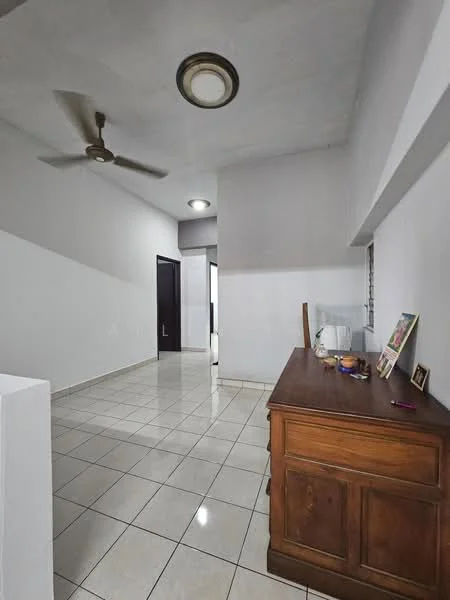Room features: white painted walls, tile flooring, ceiling fan, recessed ceiling light, wooden sideboard, window with no visible treatment, open layout, neutral color scheme; style: modern.