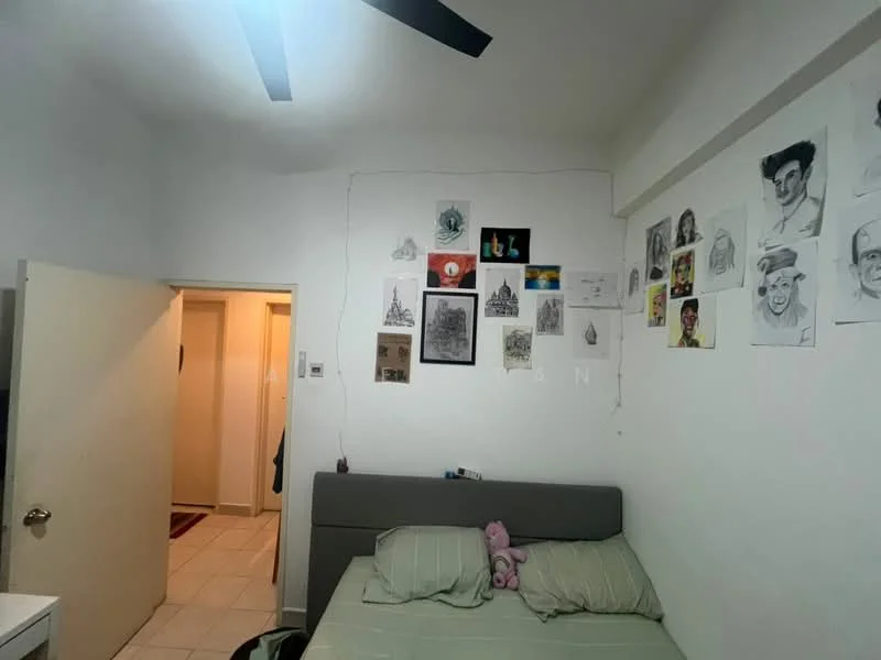Bedroom features: white painted walls, ceiling fan, queen-size bed, grey bed frame, decorative wall art, framed drawings, carpeted flooring, nightstand, doorway leading to hallway.
