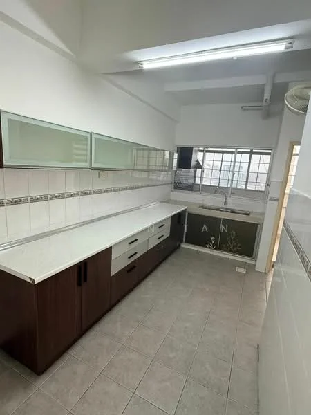 Kitchen features: white quartz countertop, brown wooden cabinetry, stainless-steel sink, chrome pull-down faucet, tile backsplash with decorative border, ceramic tile flooring, wall-mounted cabinets, large window for natural light, recessed ceiling lights, open layout, kitchen island with storage; style: modern.