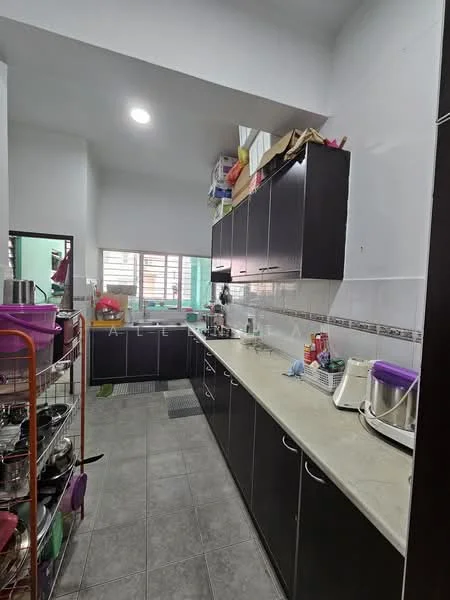 Kitchen features: dark wood cabinetry, light-colored countertop, stainless-steel sink, chrome faucet, ceramic tile backsplash, grey tile flooring, window with horizontal slats, open shelving, kitchen appliances, multiple storage containers, kitchen utensils, dish rack, refrigerator, microwave; style: modern.