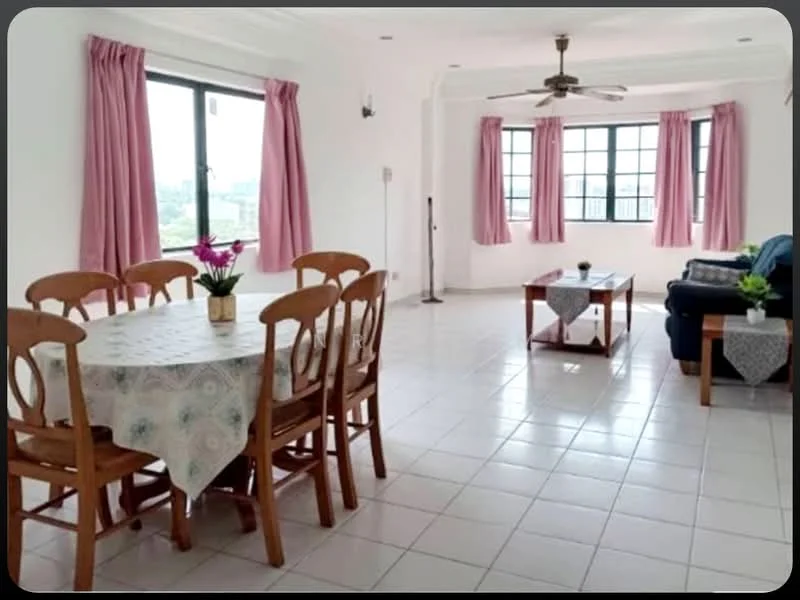 Living features: white painted walls, ceramic tile flooring, 5-blade ceiling fan, large windows with city view, curtains in light pink, sofa in dark blue, wooden coffee table, decorative tablecloth on coffee table, dining table with 6 wooden chairs, tablecloth on dining table, potted plants on tables; style: modern; view: city.