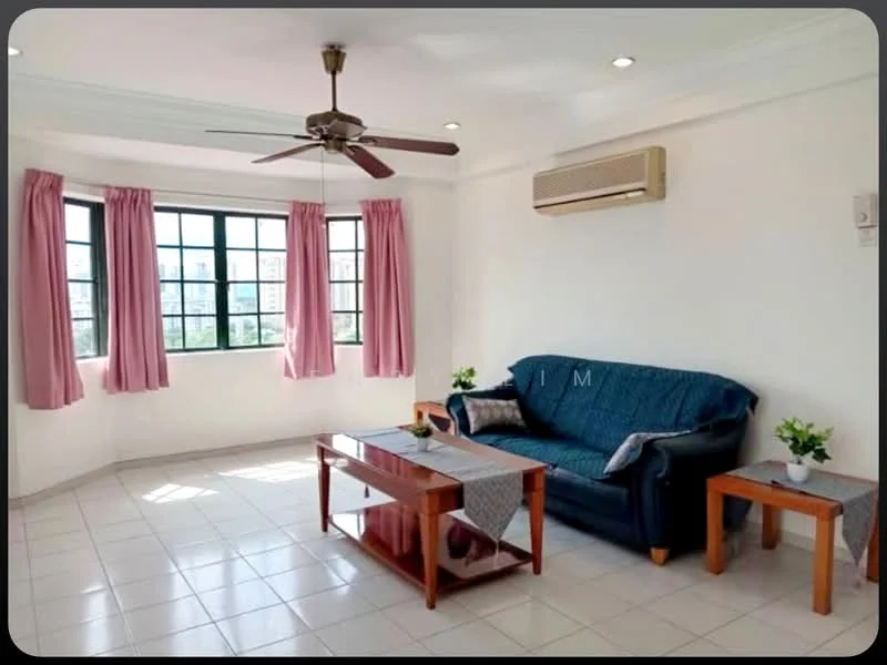 Living features: 3-seater fabric sofa in blue, wood coffee table, wood side table, 2 potted plants, floor-to-ceiling windows, pink curtains, white painted walls, ceiling fan with light, wall-mounted air conditioning unit, tile flooring, recessed downlights; style: modern; view: city.