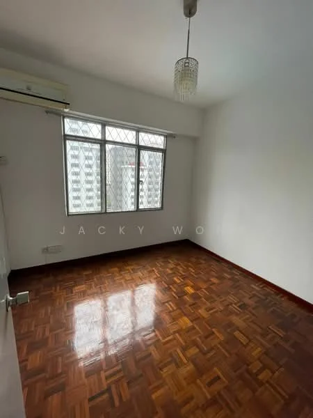 Bedroom features: parquet wood flooring, white painted walls, floor-to-ceiling windows, sheer curtains, 1 ceiling light fixture, 1 wall-mounted split AC.