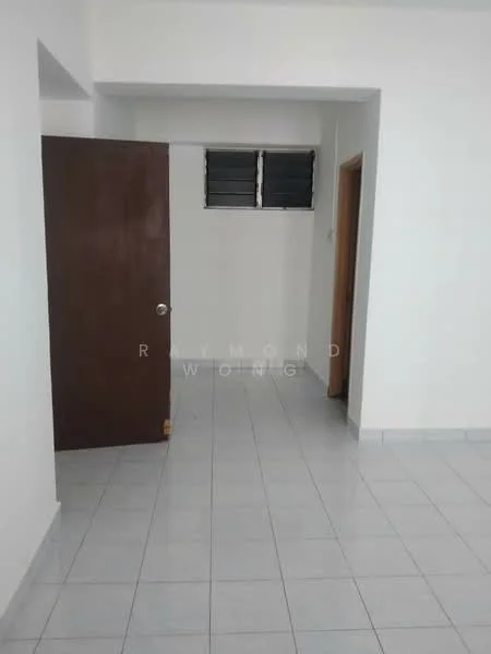 Room features: white painted walls, grey tiled flooring, wooden door, sliding window, two windows, neutral decor, corner layout.