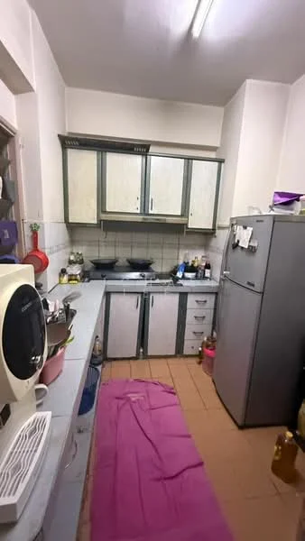 Kitchen features: grey and cream cabinetry, stainless-steel fridge, double-basin sink, chrome faucet, ceramic tile flooring, wall-mounted shelves, countertop with space for appliances, gas stove with two burners, tile backsplash, pink rug, window above sink.