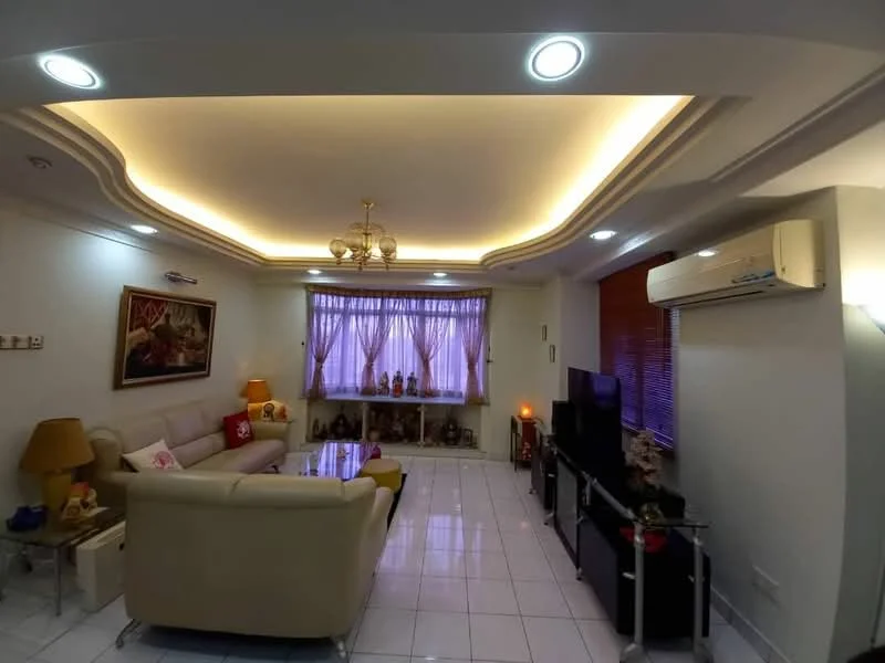 Living features: cream leather sofa, 3-seater sofa, coffee table, wall-mounted TV, TV console, recessed downlights, chandelier, crown moulding, white painted walls, glossy white tile flooring, curtains, decorative figurines on shelves, lampshade, decorative wall art; style: contemporary.