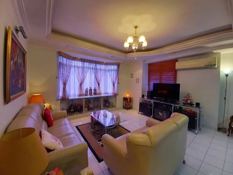 Living features: cream leather sofa, 3-seater sofa, coffee table with glass top, area rug with geometric pattern, wall-mounted TV, TV console, floor lamp, recessed downlights, chandelier, curtains with floral pattern, decorative wall art, built-in shelving with decorative items, white tiled flooring, crown moulding on ceiling; style: contemporary.