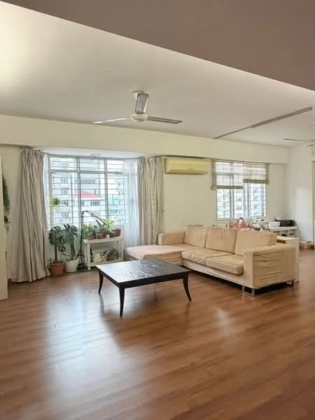 Living features: 3-seater fabric sofa in beige, coffee table with dark wood legs, floor-to-ceiling windows, sheer curtains, wooden flooring, ceiling fan, potted plants, air conditioning unit, light-colored walls, decorative items on shelves; style: modern; view: city.